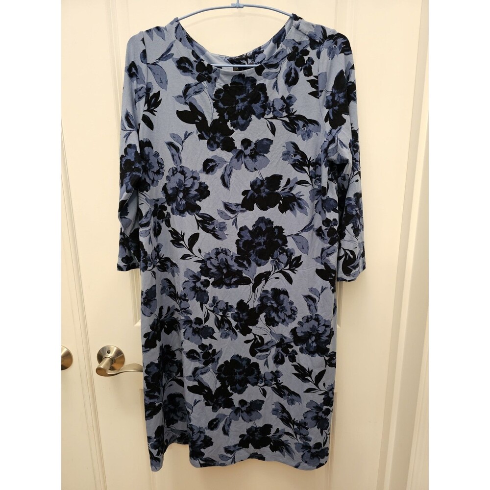 NWT J.Jill Wearever Collection Womens M Floral Dress Blue Navy A-Line Shift 3/4
